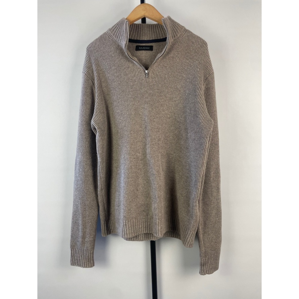 NAADAM Mens Quarter Zip Ribbed Wool Cashmere Sweater Taupe Brown RN145136 Sz M